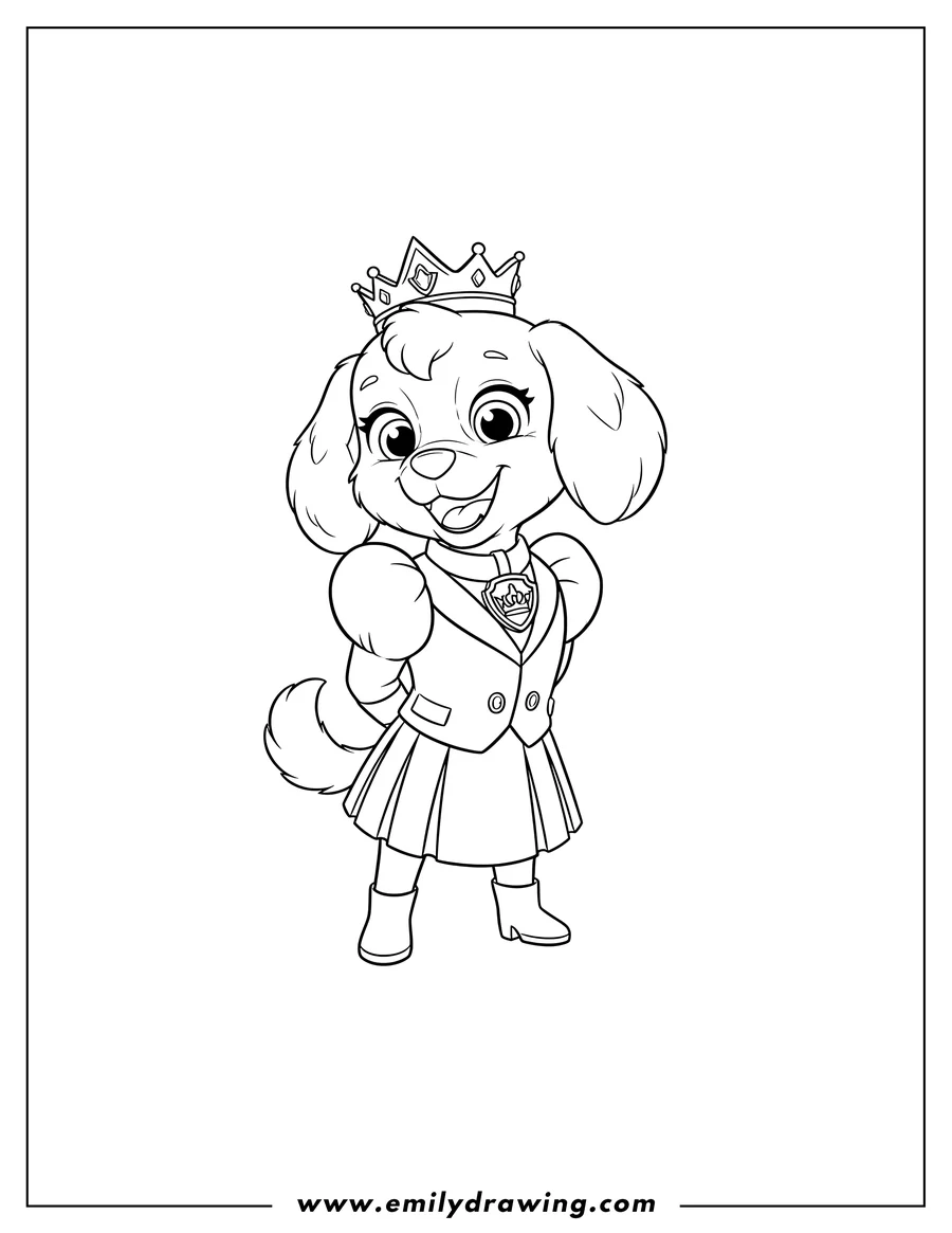 Doodle style coloring picture of sweetie From Princess Barkingburg, standing and smiling, wearing her suit with a crown emblem