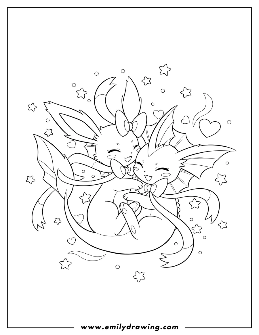 Black and white line art of cute Sylveon and Vaporeon cuddling happily