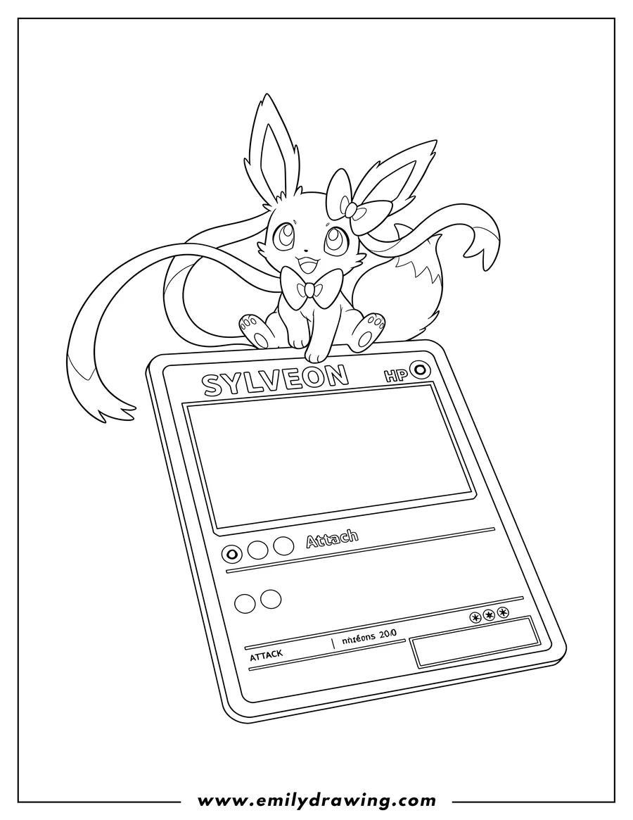 Coloring page for kids: A coloring page of Sylveon sitting on a Pokémon card