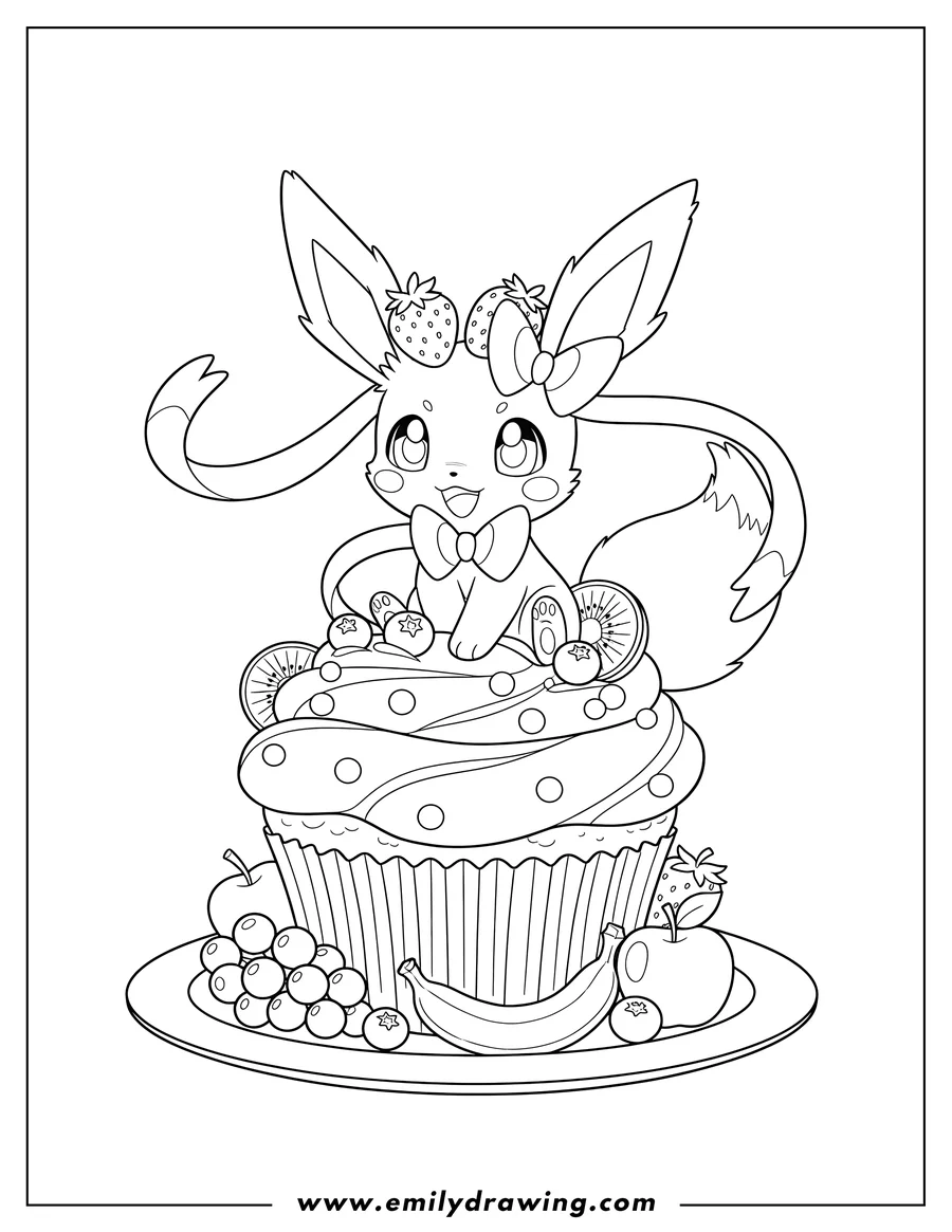 Outline drawing of cute Sylveon Sitting On Top Cupcake, wearing a bow tie, with fruit on its head and on the plate
