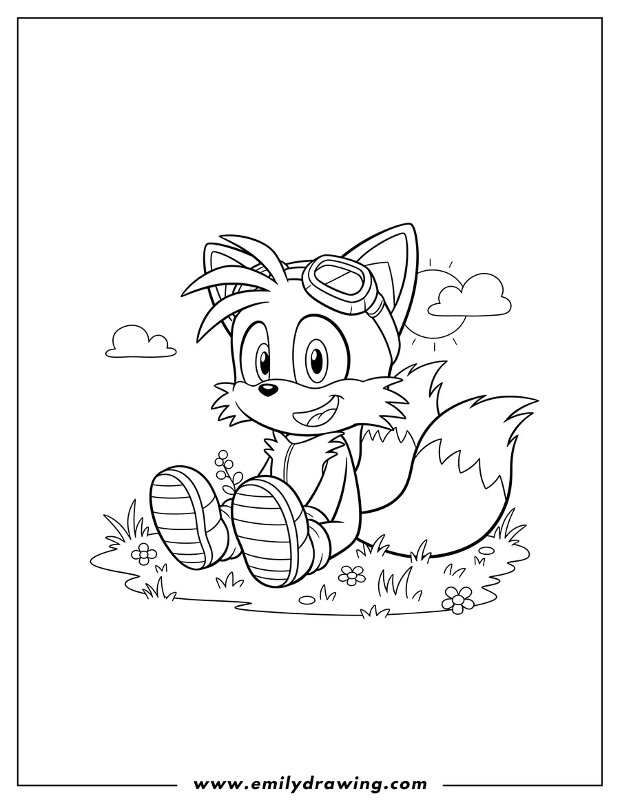 Black and white line art of cute Tails smiling, sitting on grass with a curled tail