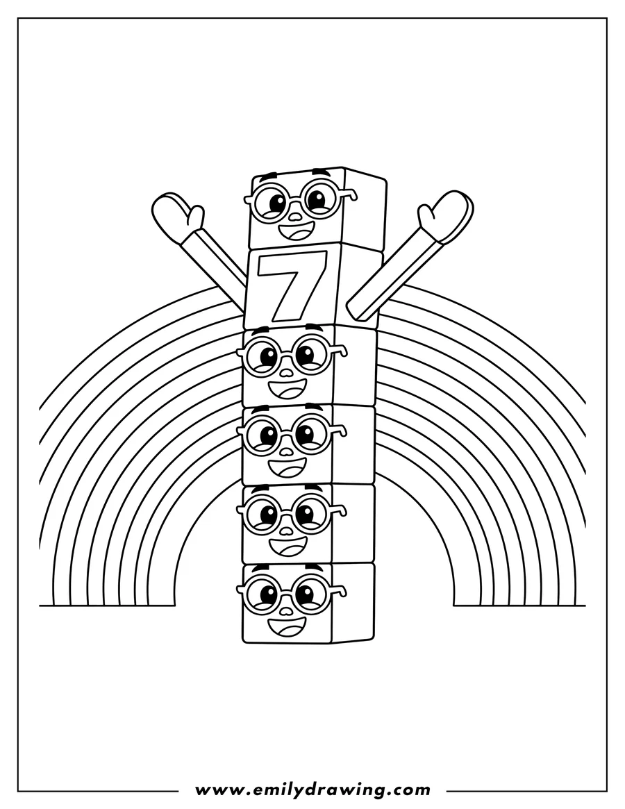 Outline drawing of tall Numberblocks 7 With Rainbows, smiling, wearing glasses, and with arms raised