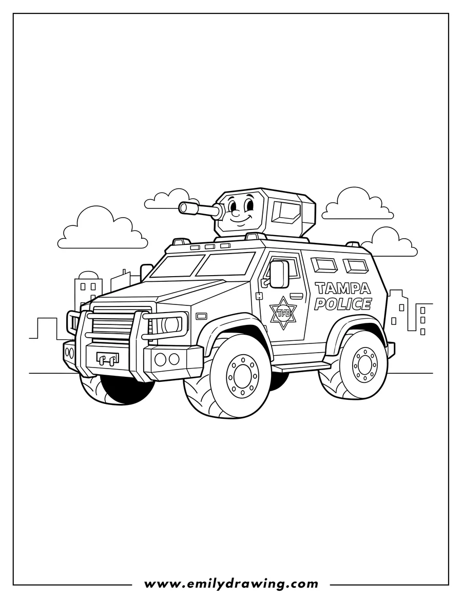 Clean line drawing: tampa Police armored rescue tank