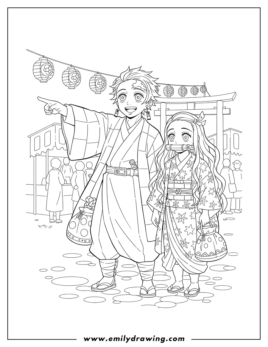 Clean line drawing: tanjiro and Nezuko attending a festival, Tanjiro pointing and smiling, Nezuko with her bamboo muzzle, both holding patterned bags