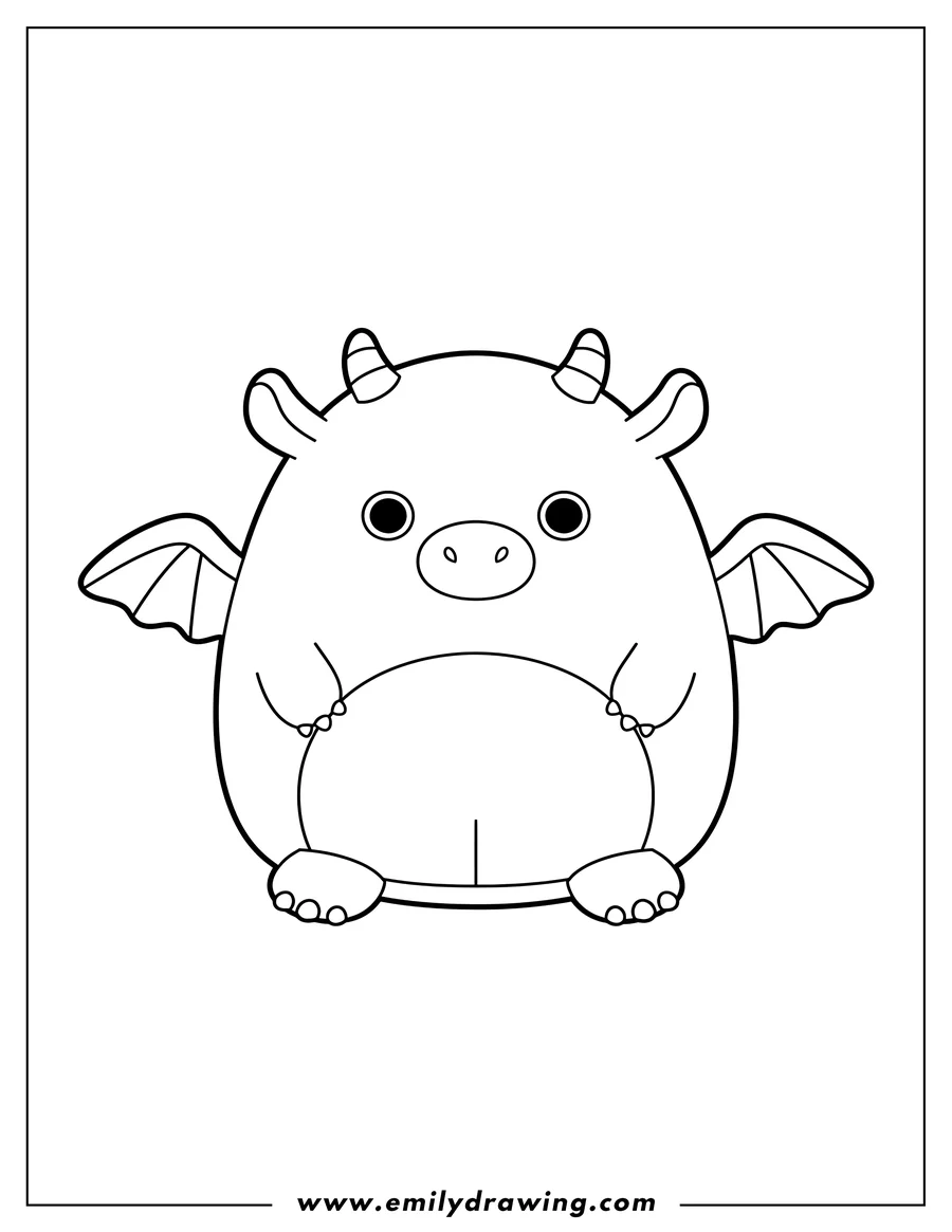 Simple sketch of tatiana Dragon Squishmallow coloring page, front view to color