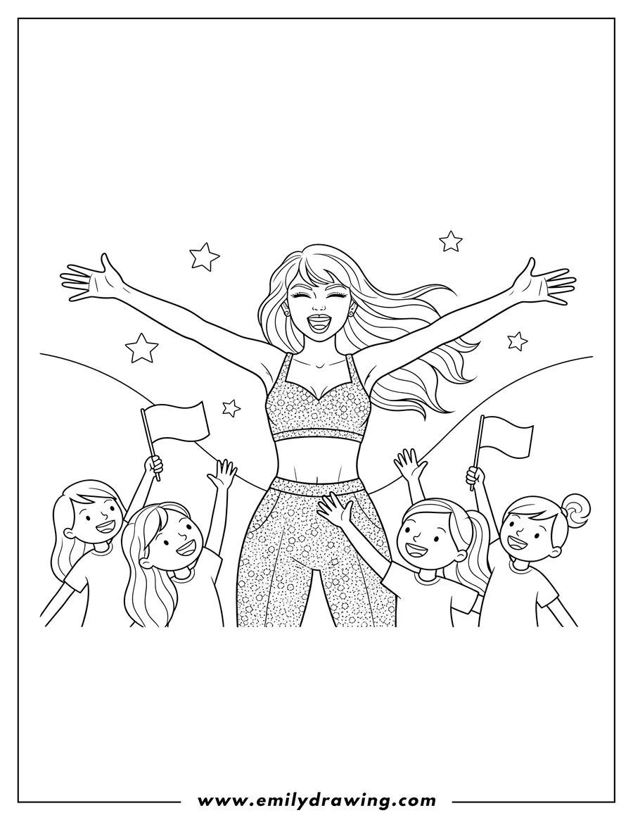 Free to print drawing of taylor Swift joyfully greeting fans with outstretched arms