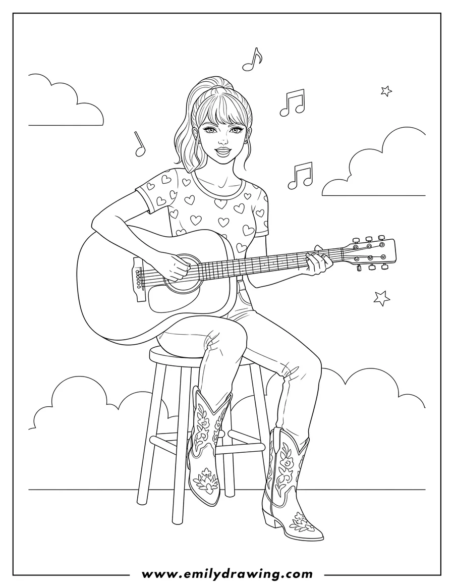 PDF style coloring page: taylor Swift with full bangs and a ponytail playing an acoustic guitar and looking at the viewer