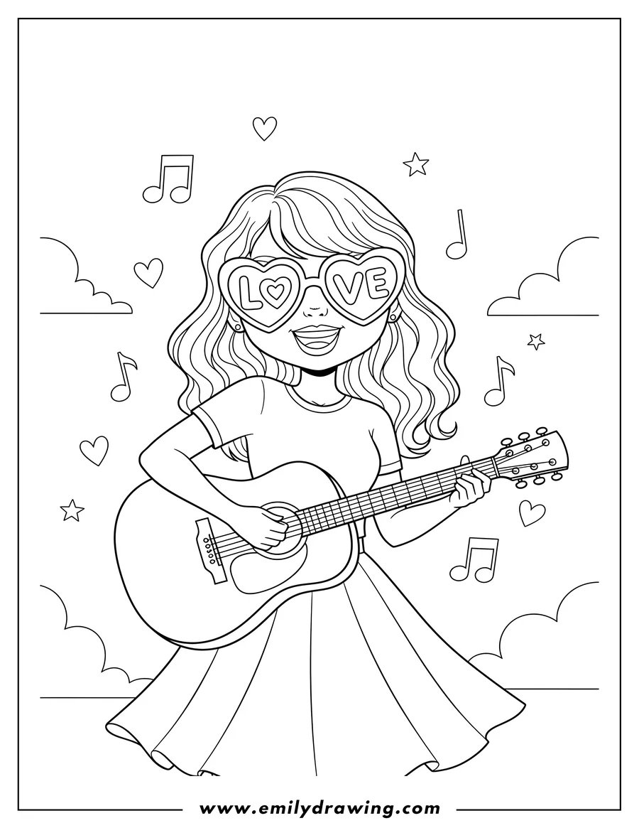 Linear illustration of cute Taylor Swift With Love Heart Sunglasses, playing an acoustic guitar