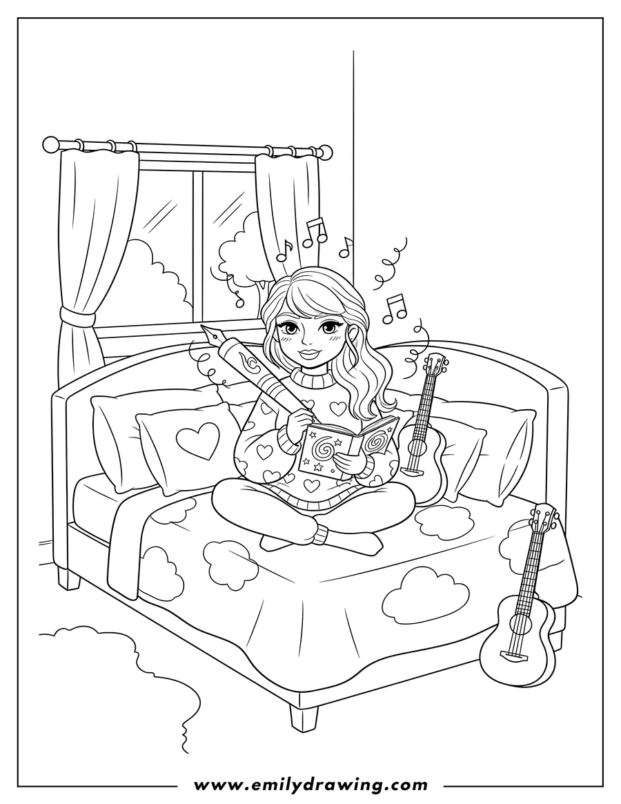 Free printable coloring sheet of taylor Swift writing songs, sitting cross-legged on a bed