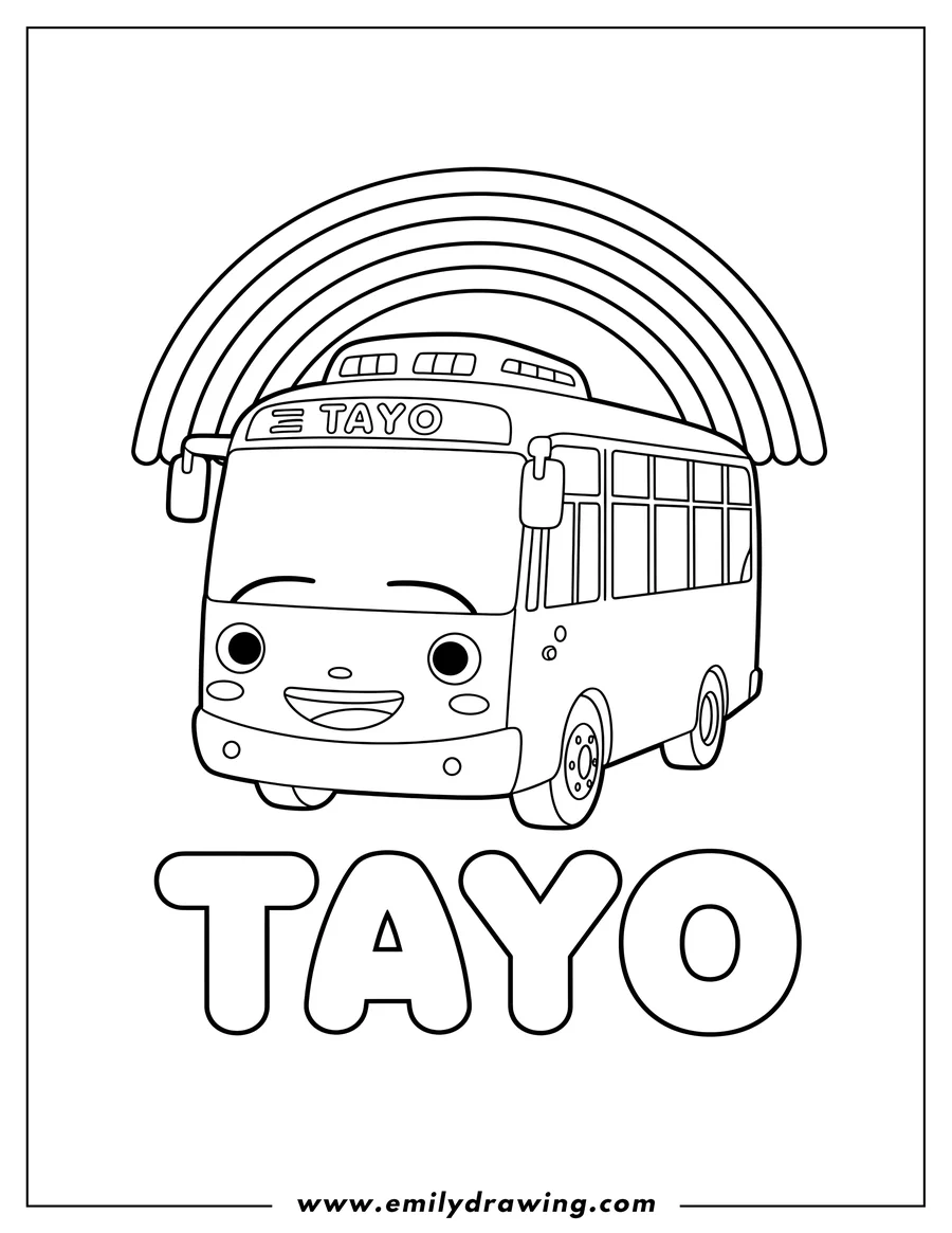 Simple sketch of cute Tayo Poster with Tayo the smiling bus above TAYO text and a rainbow to color