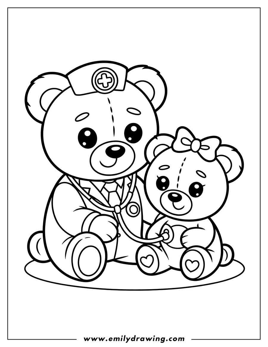 Black and white line art of teddy Bear Doctor
