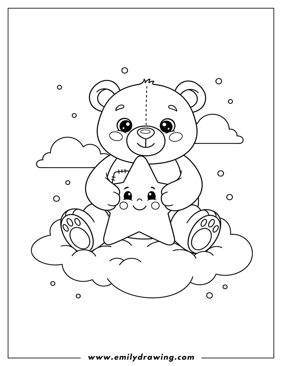 Coloring page of cute Teddy Bear Sitting, Holding Star on Clouds