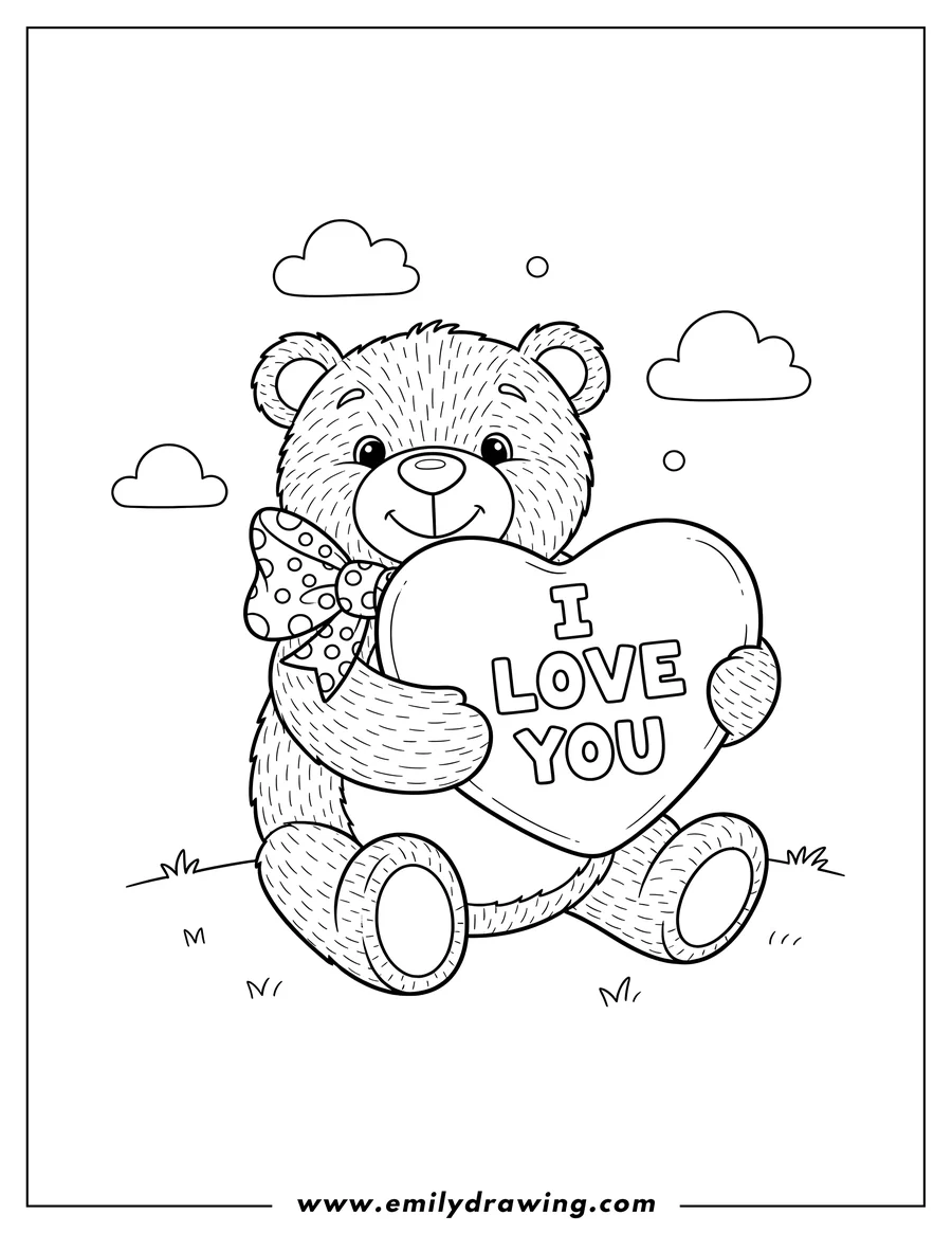 Doodle style coloring picture of [Scene]: Cute Teddy bear with a bow tie holding a heart that says 'I Love You'