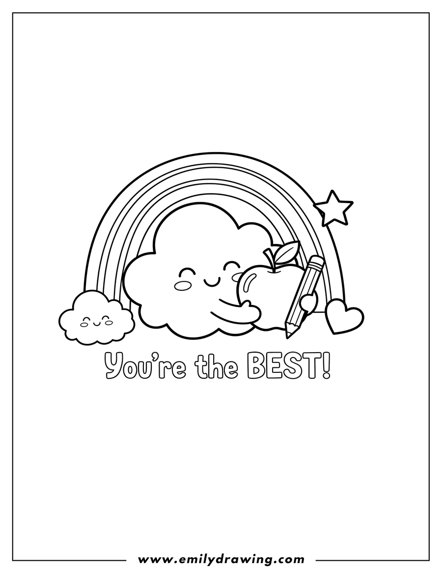 Coloring page of cute Thank You Teacher With Clouds And Rainbows, featuring a smiling cloud, an apple, a pencil, and the text 'You're the BEST!'