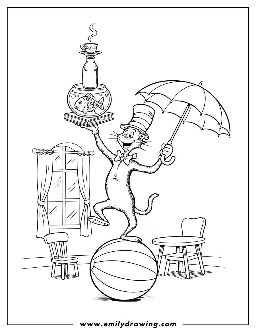 PDF style coloring page: 18 Scaled: The Cat in the Hat balancing a fish, milk bottle, book, and teacup on one hand, while holding an umbrella