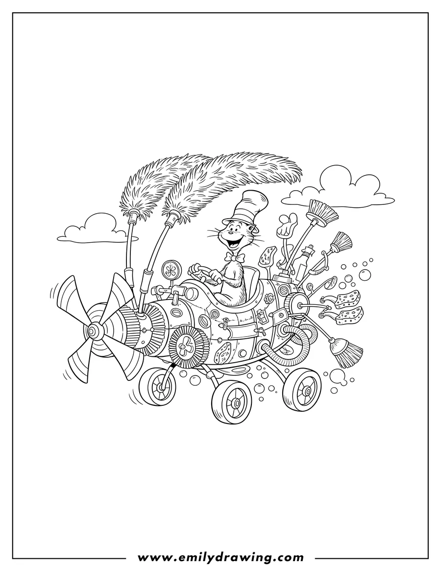 Printable coloring page of 20 Scaled: The Cat in the Hat pilots a whimsical flying cleaning machine with many tools
