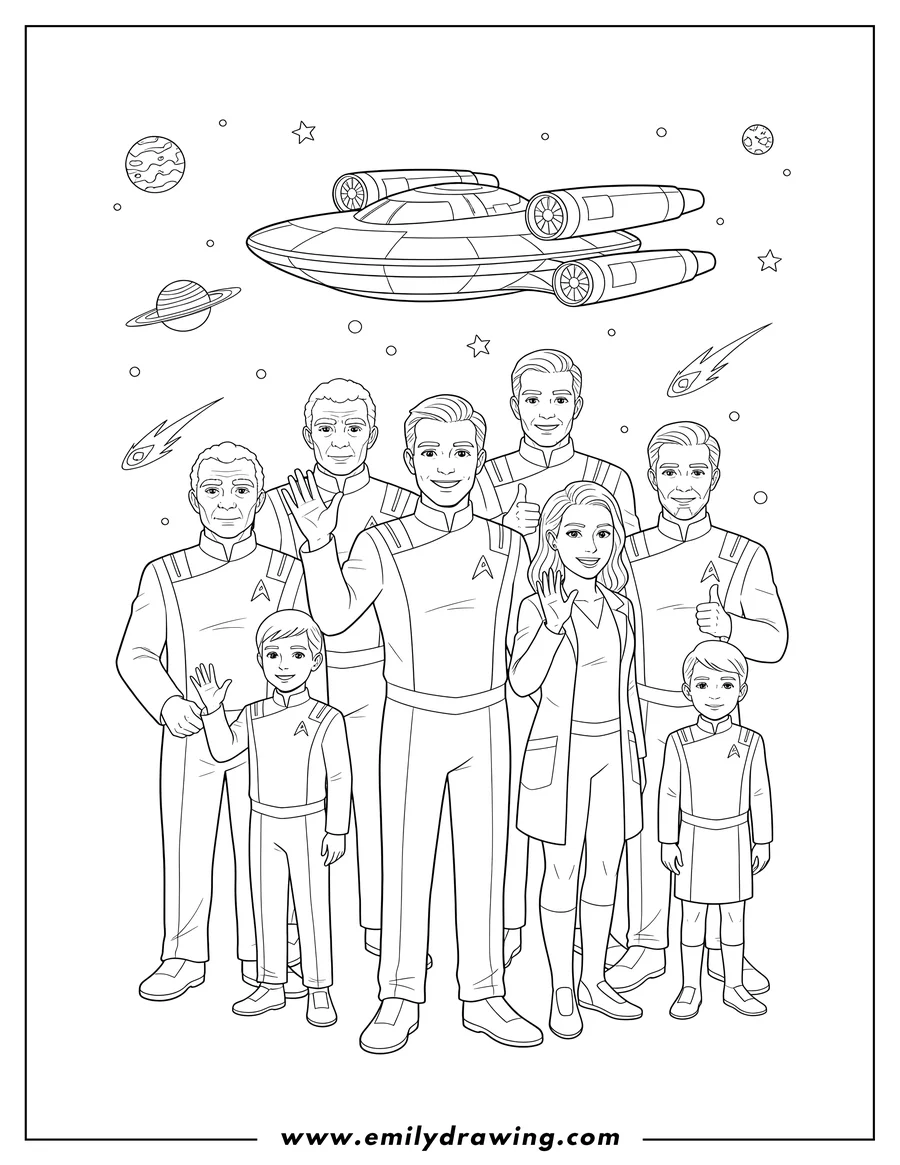 Coloring page of the Orville crew group portrait with their spaceship