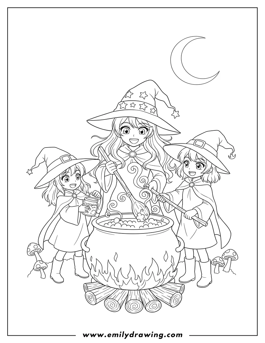 Doodle style coloring picture of three Anime Witches with pointed hats stirring a cauldron over a fire