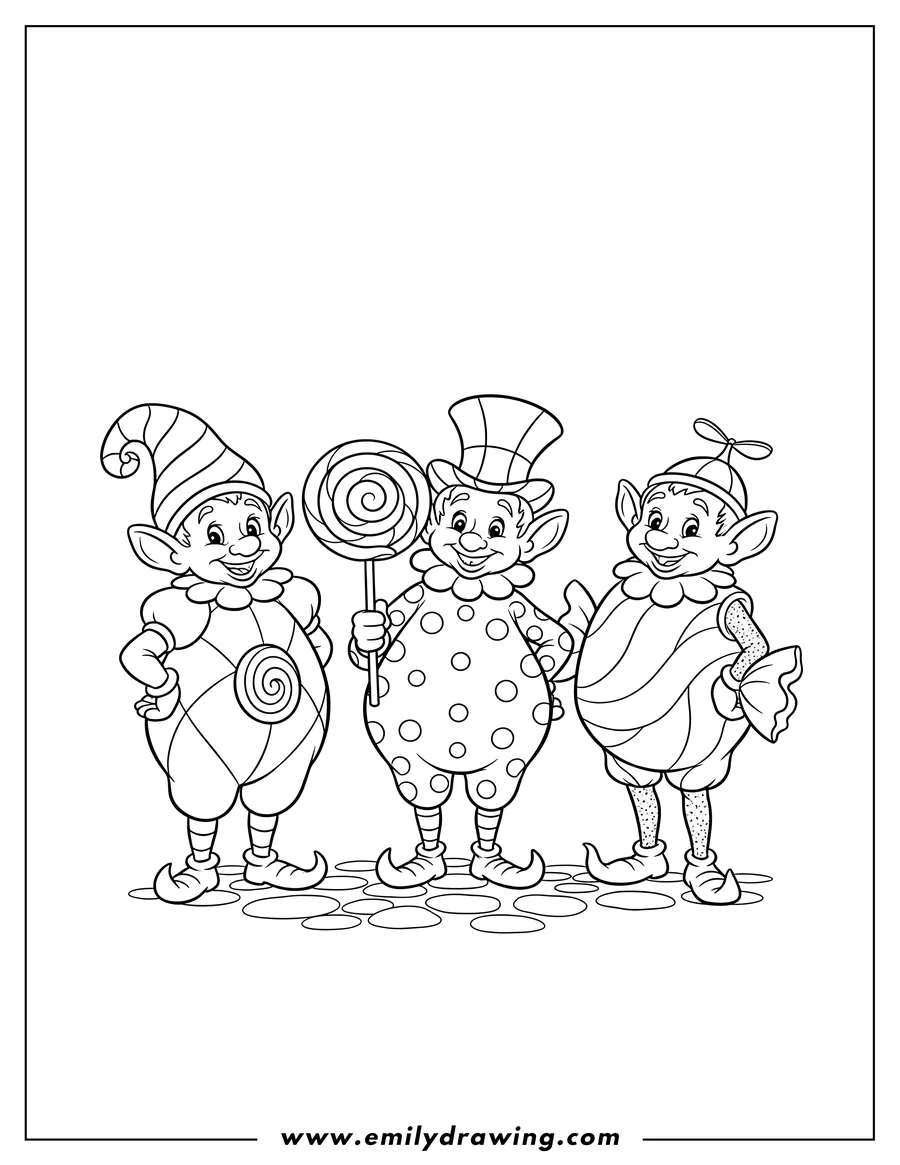 Coloring page for kids: three Lollipop Guild Munchkins standing in their distinct costumes, with one holding a stick