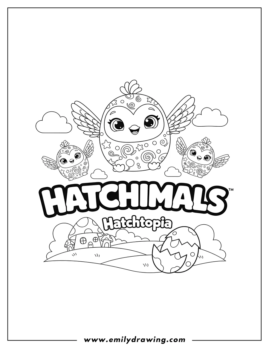 Coloring page of three smiling winged Hatchimals above the HATCHIMALS logo in Hatchtopia