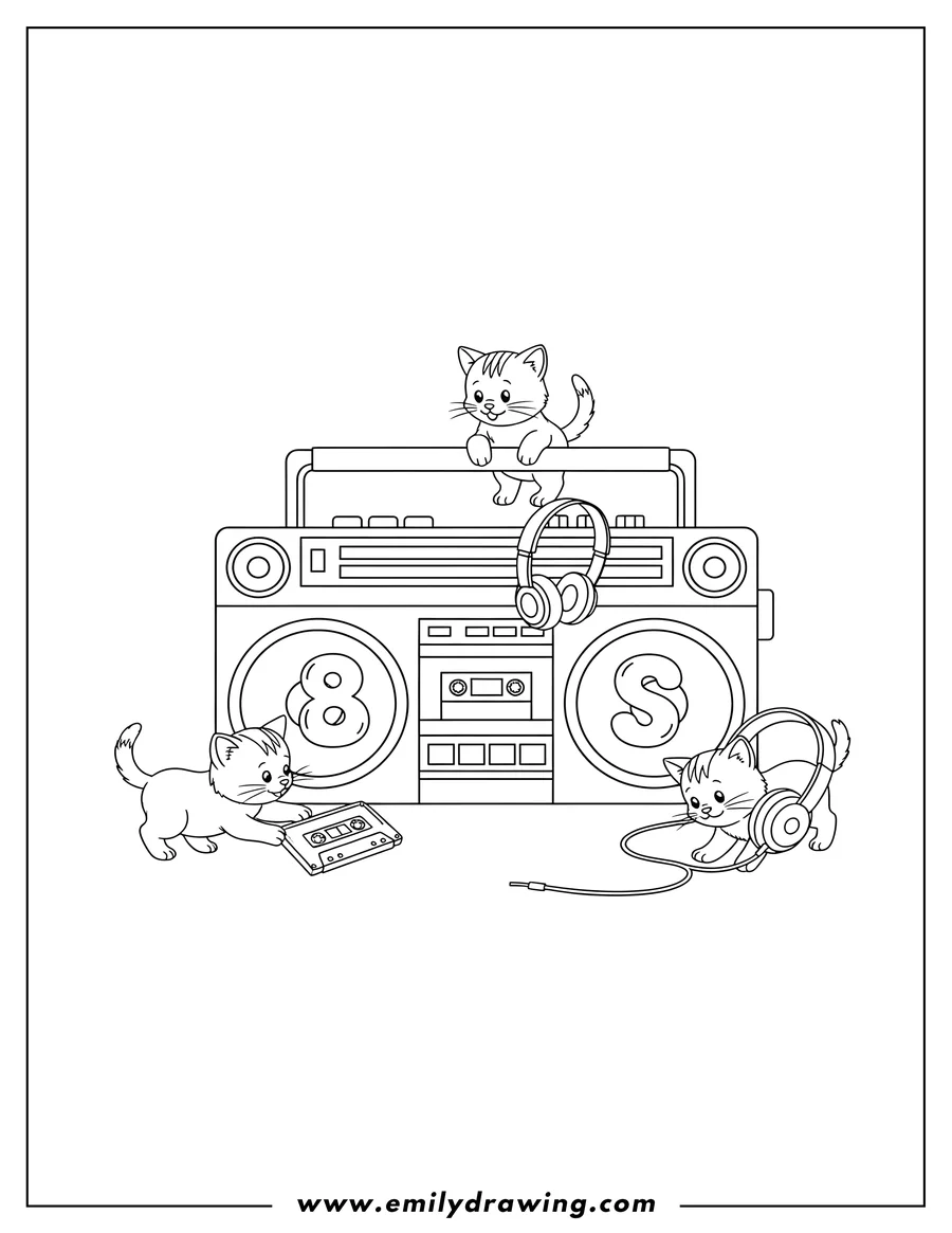 Clean line drawing: three tiny kittens playing on an 80s boombox