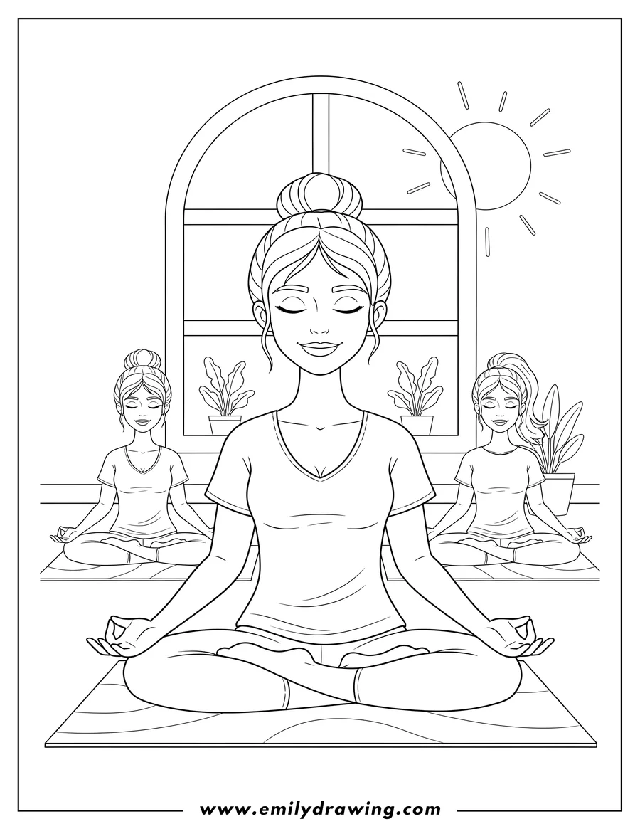 Printable coloring page of three women meditating in a yoga class, sitting cross-legged with eyes closed