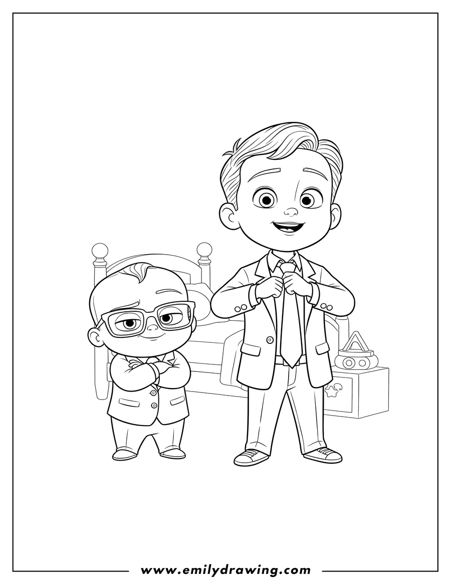 Simple sketch of tim Templeton smiling while putting on his necktie, and Boss Baby Ted Templeton standing with crossed arms to color