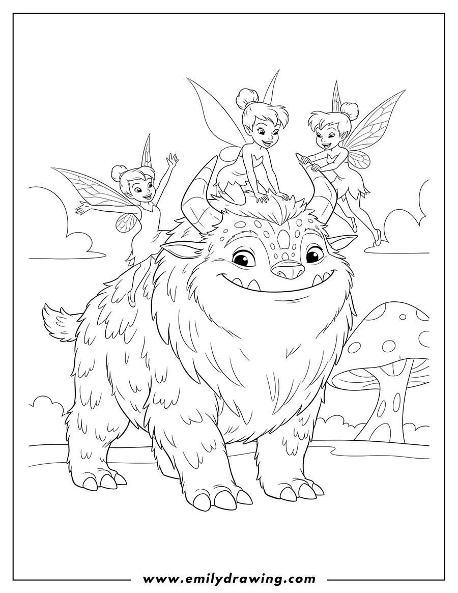 Coloring page of tinker Bell and Neverbeast Scaled grinning with two fairies riding on its back