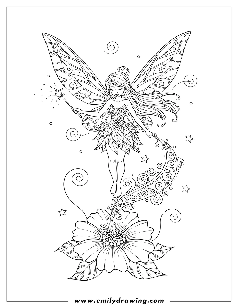Coloring sheet featuring magical Tinker Bell Fairy Scaled, sprinkling pixie dust on a flower with her wand