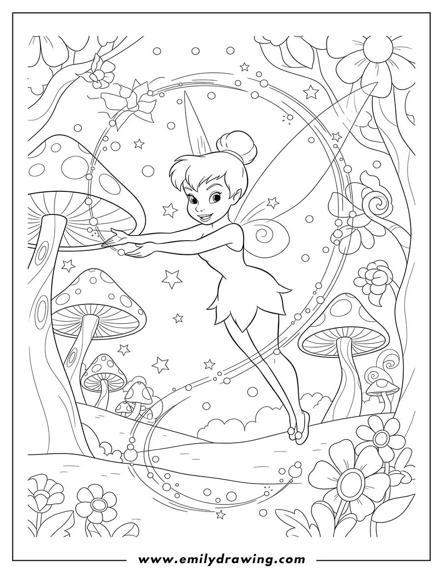Clean line drawing: tinker Bell Flying Magical Forrest with arms outstretched and pixie dust To Color Scaled