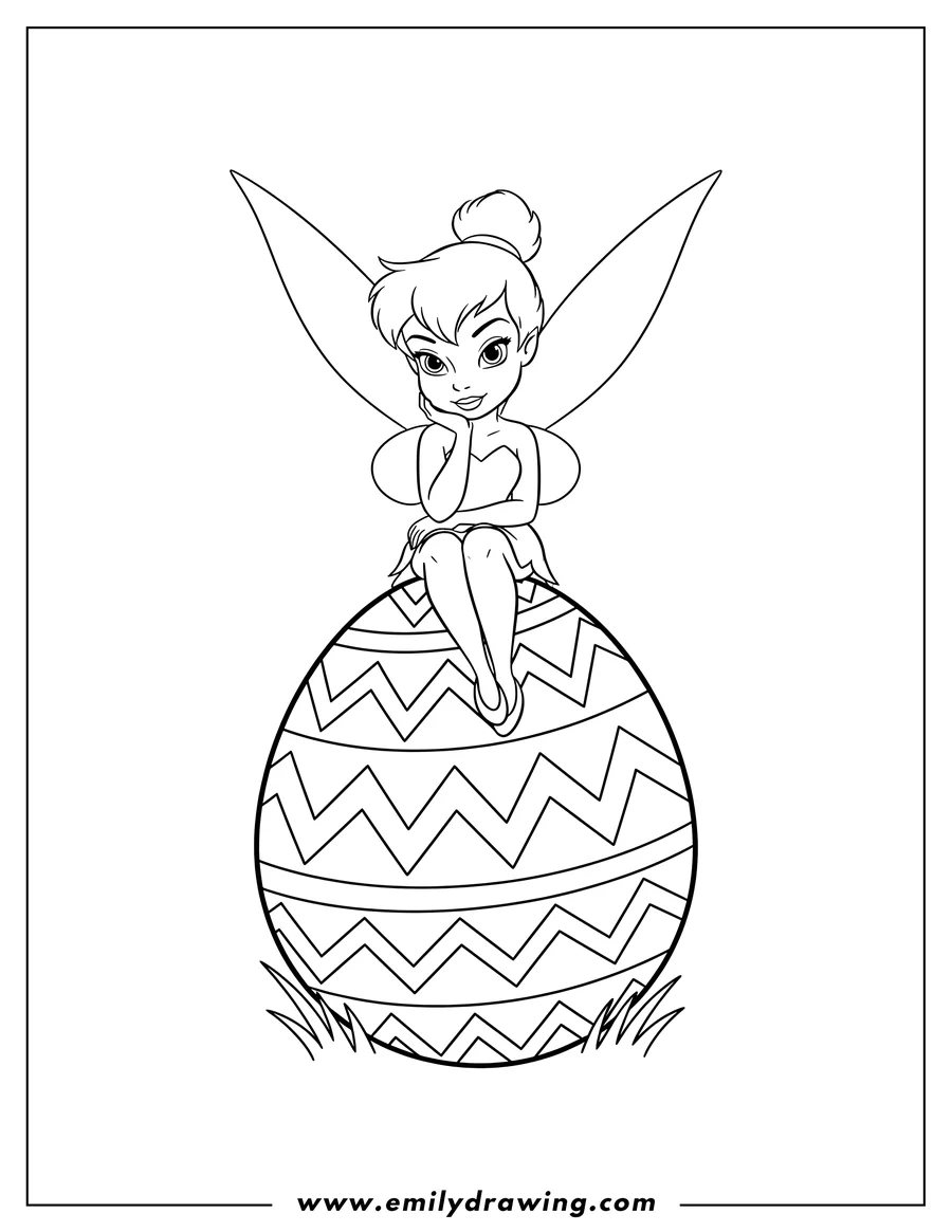 Vector style outline of cute Tinker Bell sitting on a large Easter egg with one hand under her chin and zigzag patterns