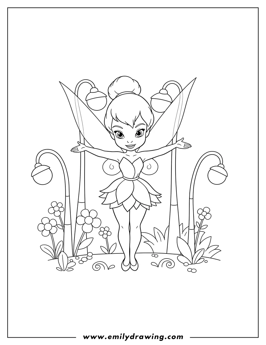 Printable line art of cute Tinker Bell with a bun hairstyle, standing with open arms, in a garden with lamps