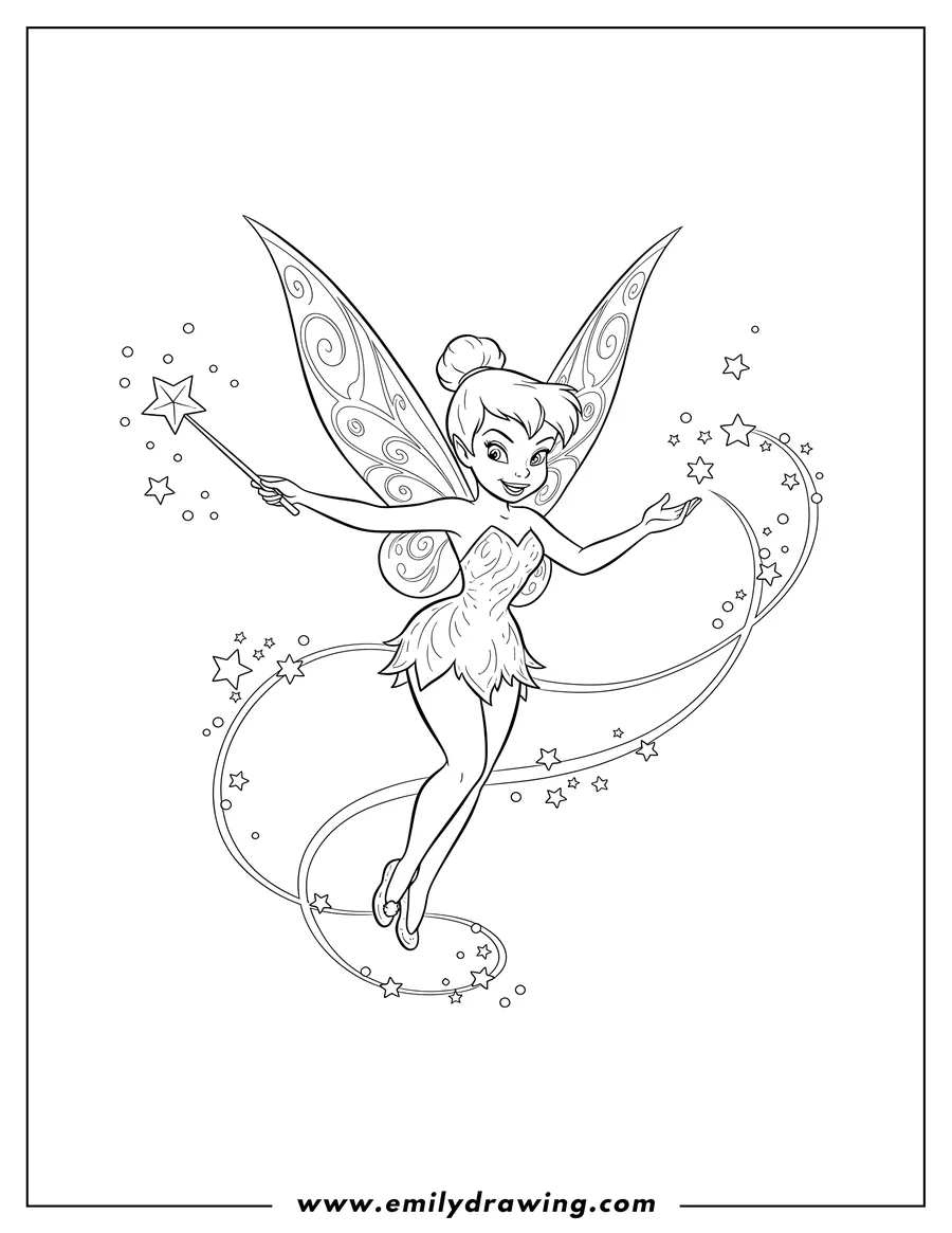 Outline drawing of tinker Bell fairy with wings and sparkling fairy dust