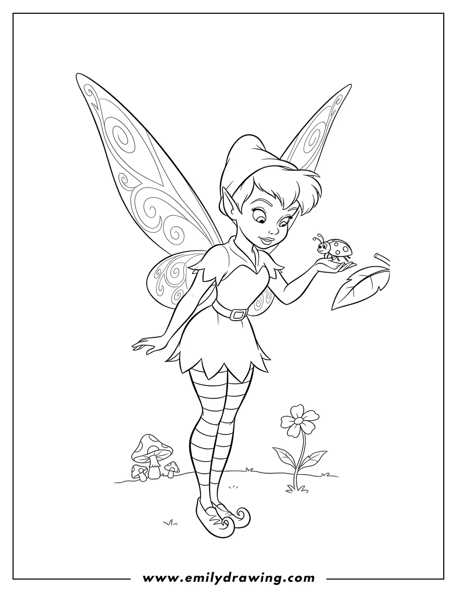 Black and white line art of tinker Belle Dressed As An Elf, with her wings spread, looking at a ladybug