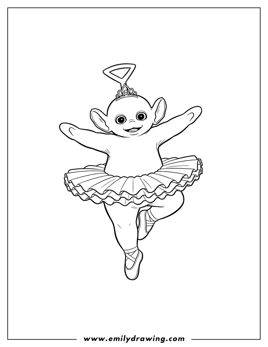 Printable line art of tinky Winky dancing in a tutu with arms outstretched and one leg lifted