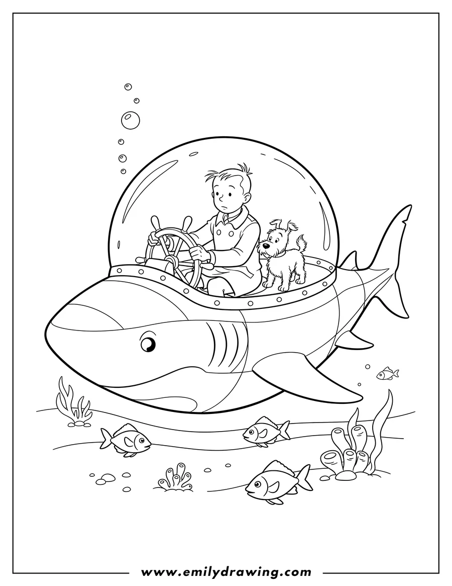 Doodle style coloring picture of tintin And Snowy Riding Shark Submarine, visible inside a transparent cockpit