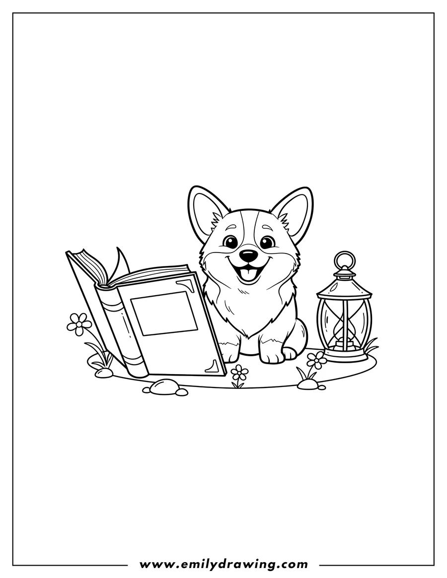 Coloring sheet featuring tiny Corgi smiling next to an open book and a lantern