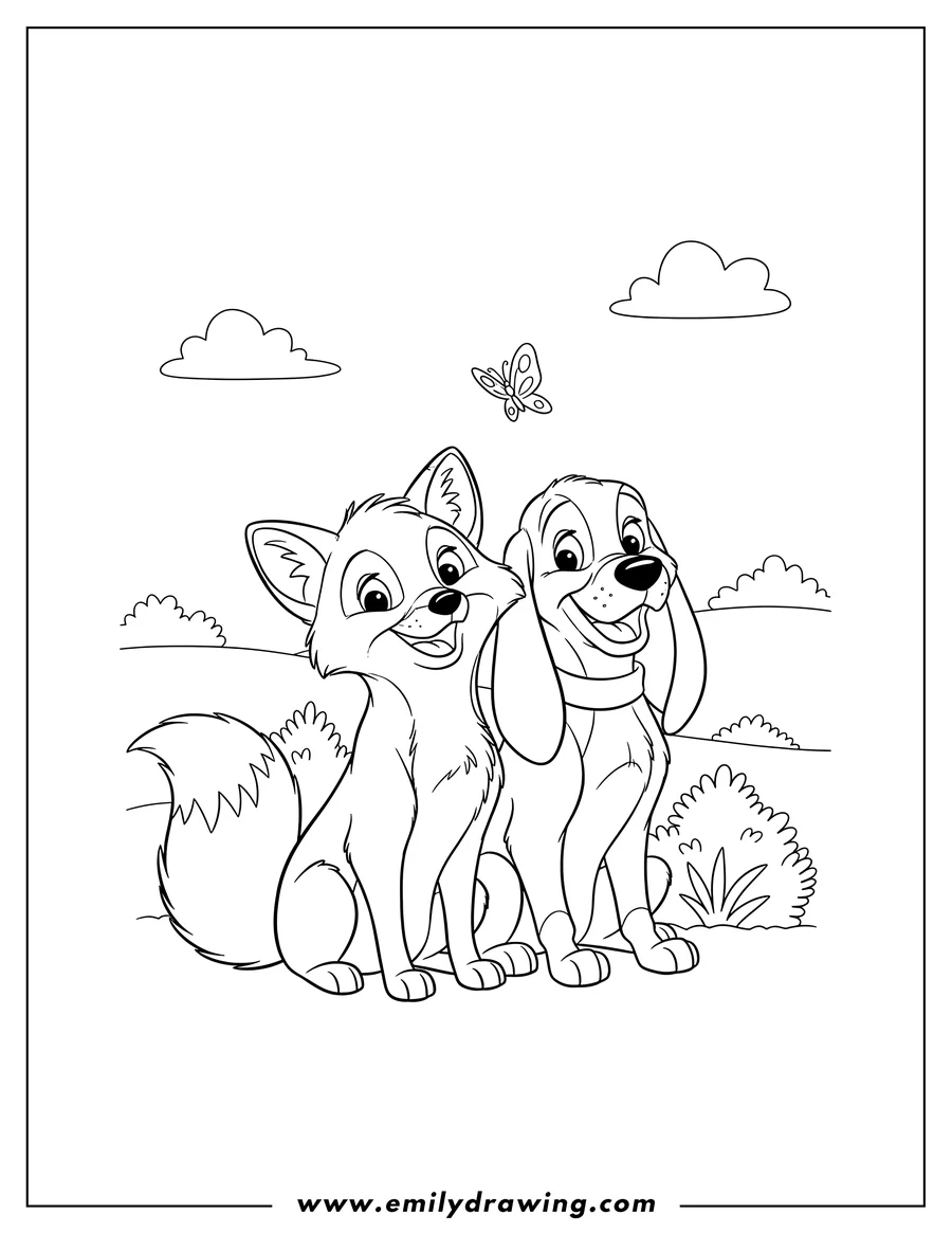 Black and white line art of fox And Hound Disney: Tod and Copper happily sitting together