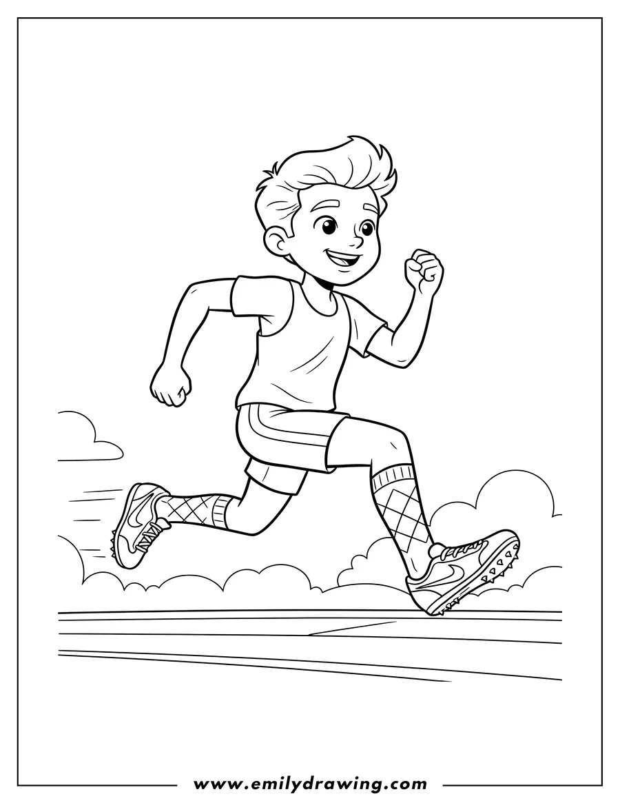High quality printable track Field Runner Wearing Nike Spike Shoes, in mid-stride with a patterned sock for coloring