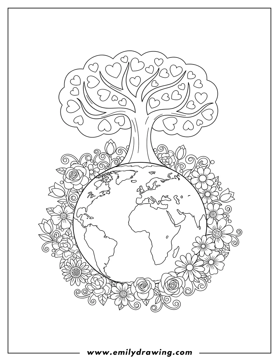 Outline drawing of A tree growing on top of the Earth, with flower bushes surrounding it