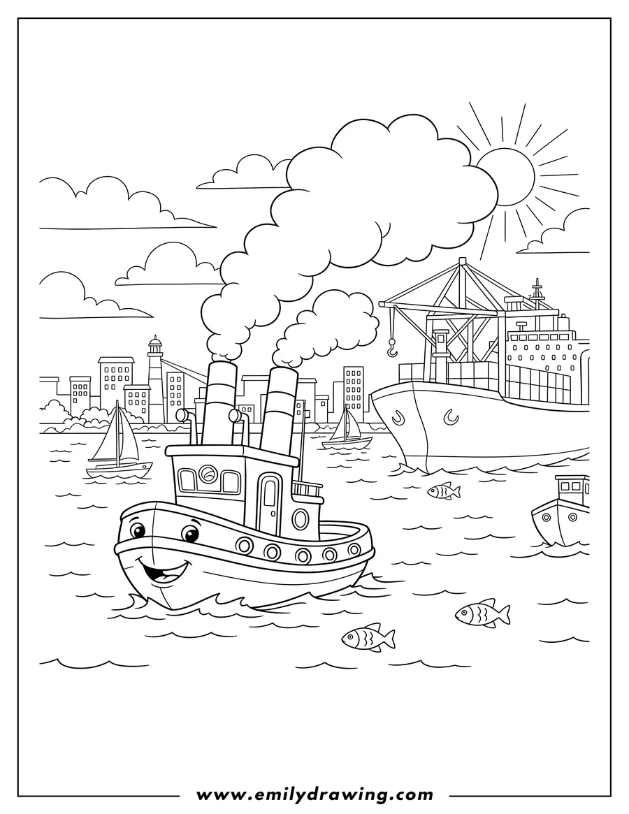 Coloring page for kids: tugboat emitting smoke sailing through busy harbor with cargo ship and cranes