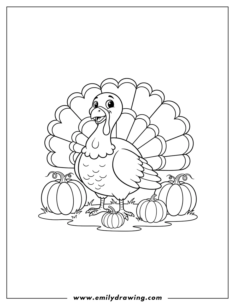 Outline drawing of cute turkey with a fanned tail standing among pumpkins on grass