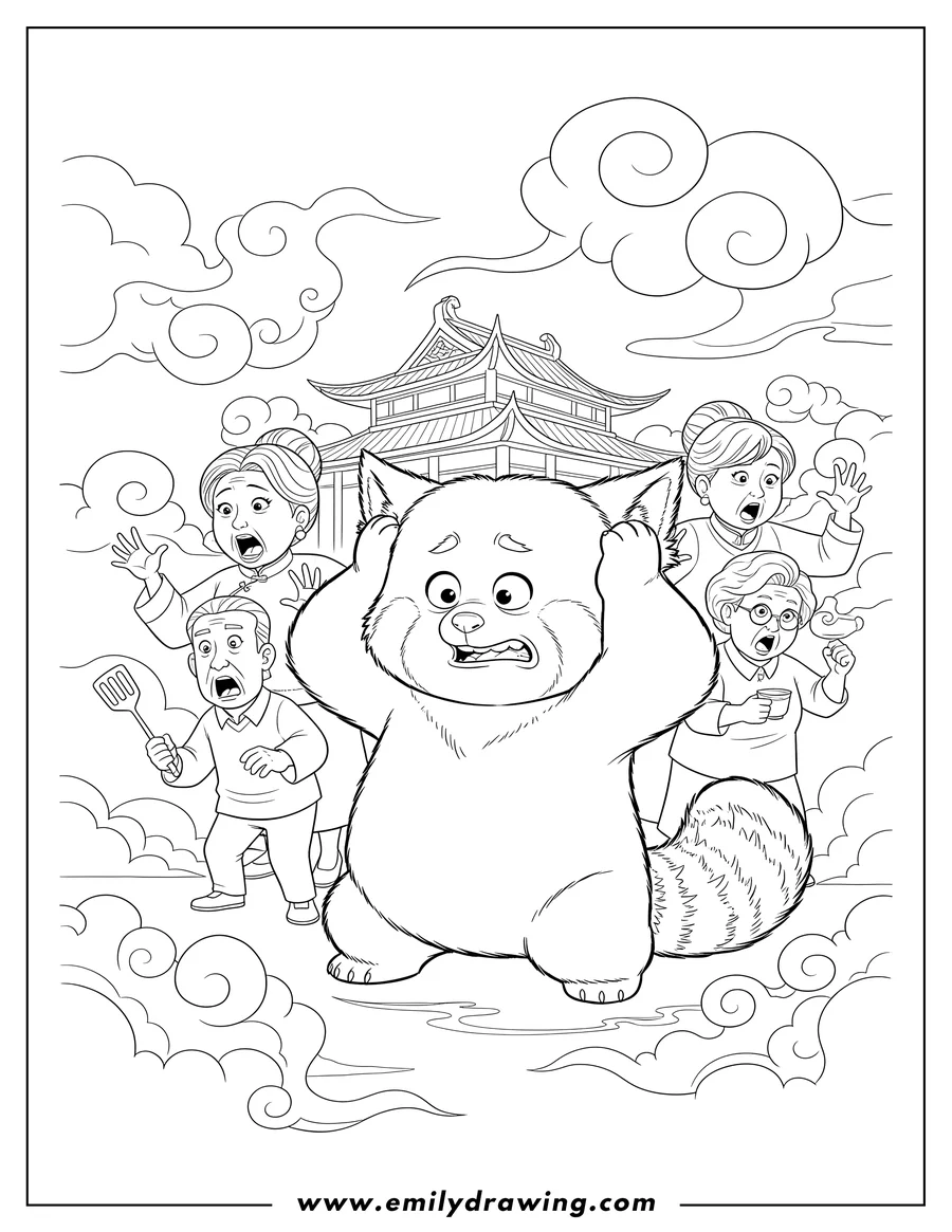 Doodle style coloring picture of turning Red Movie Poster, depicting a distressed Red Panda Mei Lee covering her ears, with her surprised family reacting around her