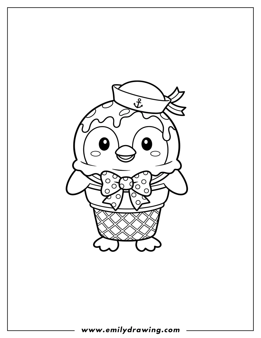Printable coloring page of cute Tuxedo Sam as an ice cream cone, wearing a sailor hat and bow tie