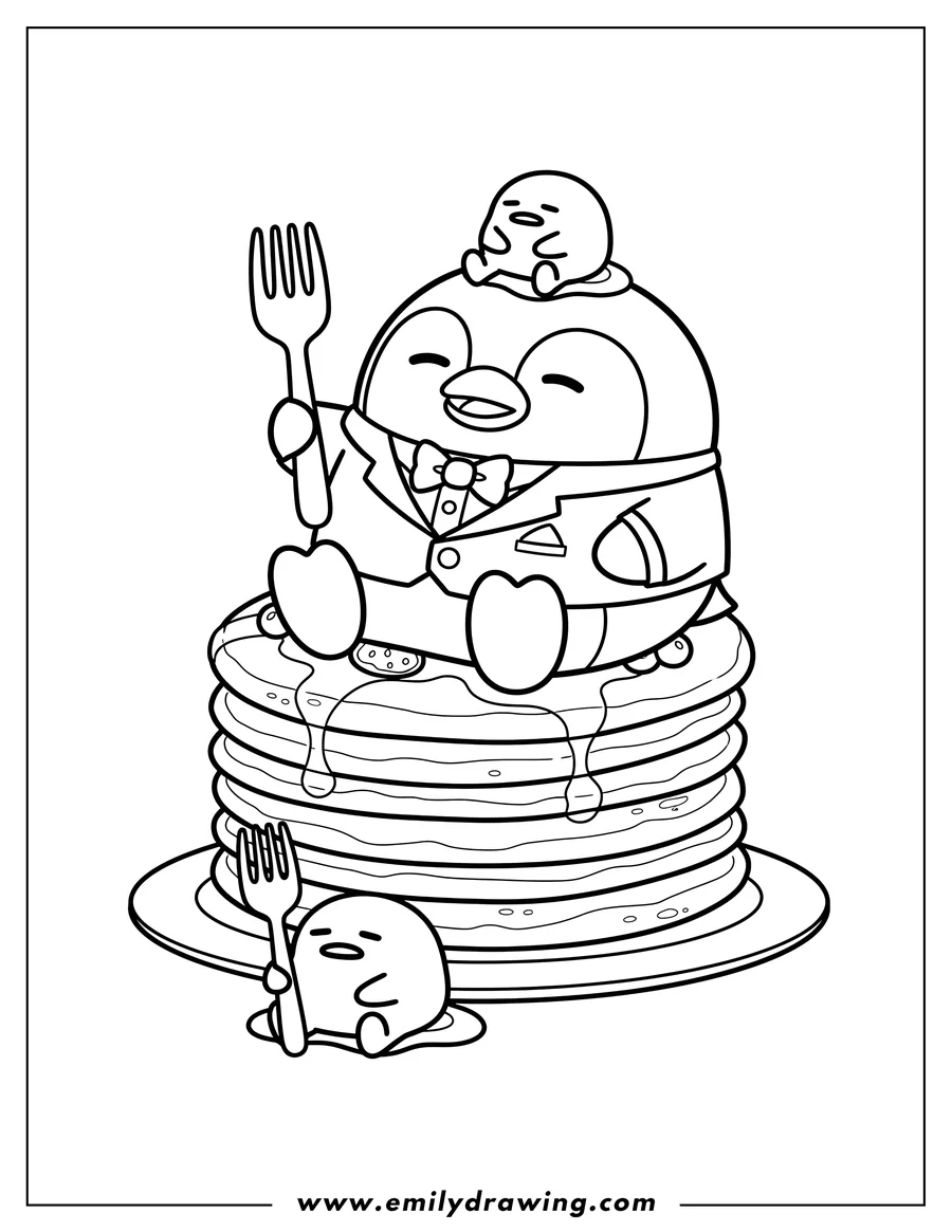 Linear illustration of tuxedo Sam holding a fork, sitting on pancakes with one Gudetama on his head and another Gudetama holding a fork at the bottom