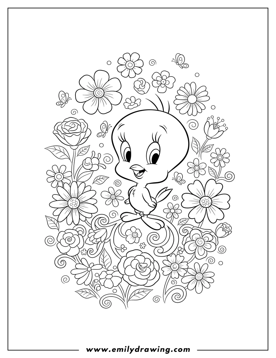 Coloring page for kids: cute Tweety Bird sitting happily amongst flowers