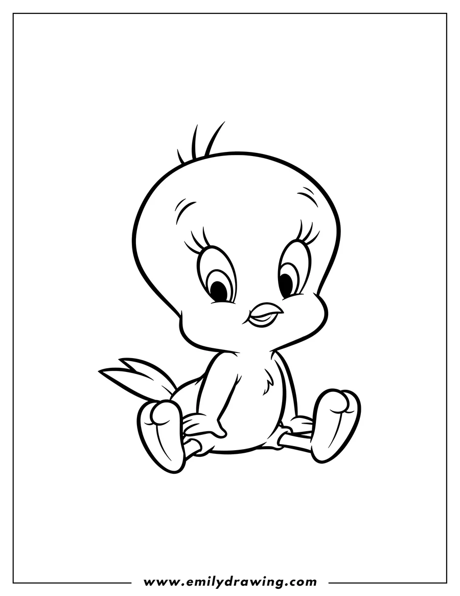 Free to print drawing of cute Tweety Bird sitting with legs outstretched