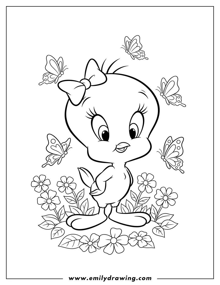 Printable coloring page of tweety Bird Tv Shows, standing amidst butterflies and flowers