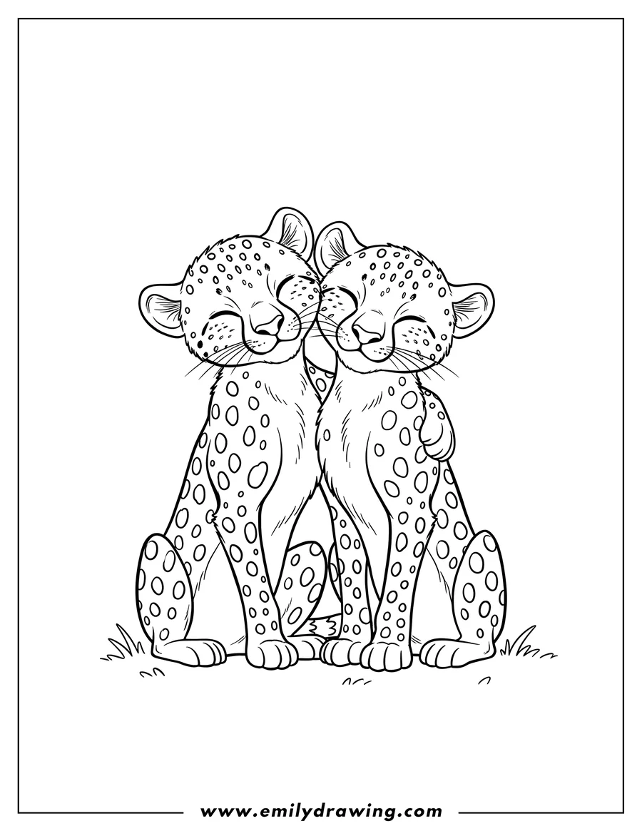 Simple sketch of two cheetahs sitting and cuddling with closed eyes to color