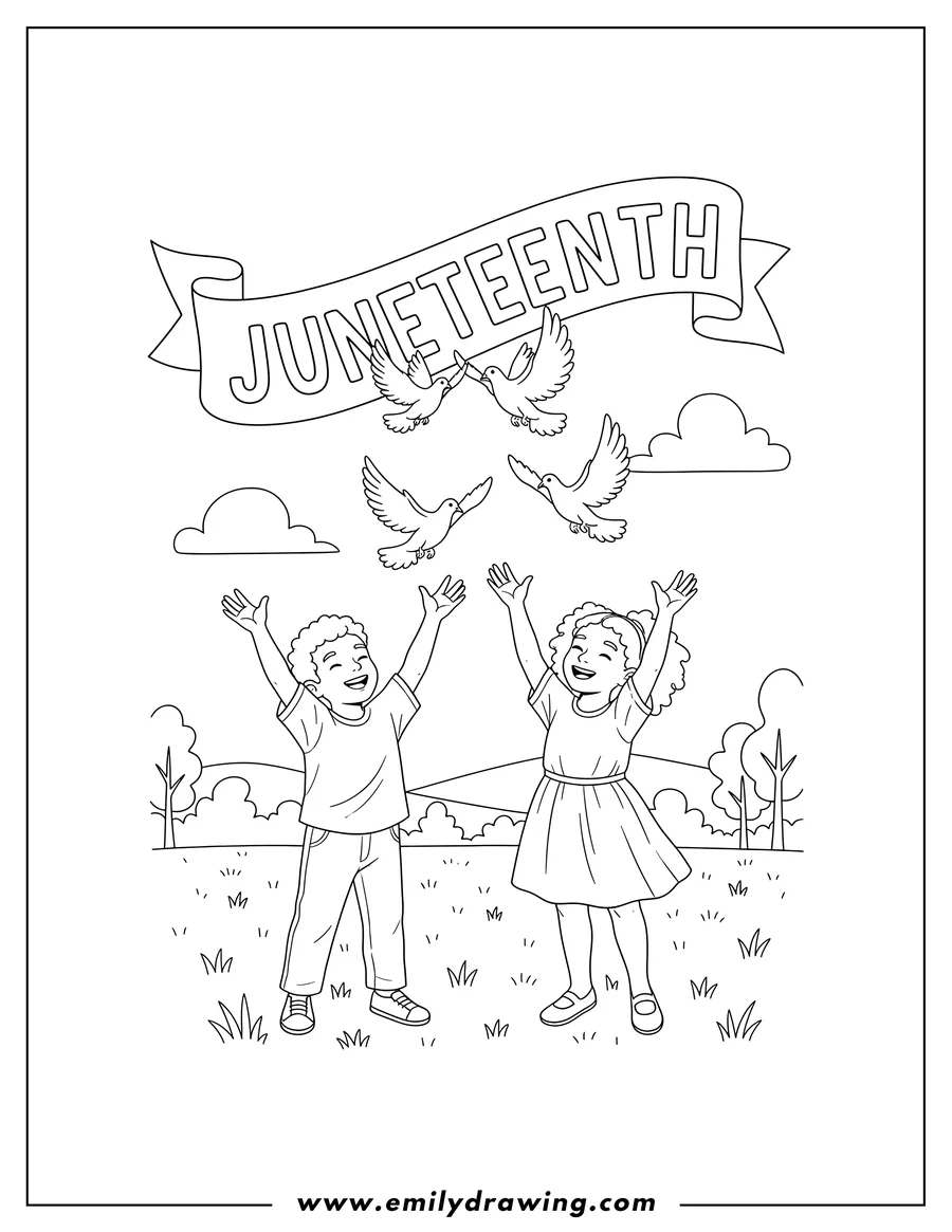 Full page coloring image of two Children Raising Hands, Releasing Doves Under Juneteenth Banner